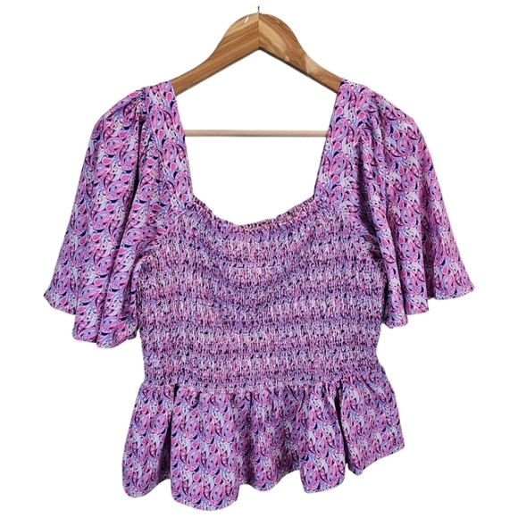 NWT Simply Southern Pink Paisley Smocked Top With Ruffle Hem Size Large Coastal - Picture 4 of 13